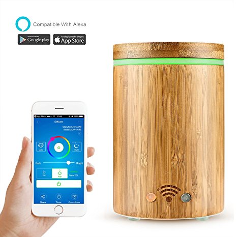 Konesky Bamboo Wi-Fi Smart Essential Oil Diffuser APP Remote Control Voice Control with Alexa Ultrasonic Essential Oil Diffuser Work with Alexa, Colorful LED Light / Waterless / 160 Ml