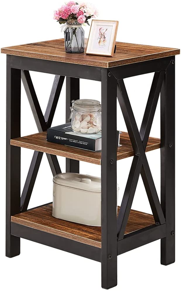 VECELO End Side Table with Storage Shelf Nightstands for Living Room,Bedroom Furniture,Shelves,Brown