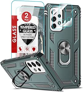 LeYi for Samsung Galaxy A53 5G Case and 2 Tempered Glass Screen Protector and 2 Camera Lens Protector,Ring Holder Military Grade Protective Silicone Shockproof Tough Hard Armor Phone Cover, Green