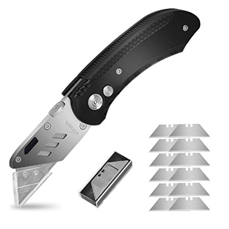 Utility Knife Box Cutter - Heavy Duty Folding Pocket Knives with 10 Extra Replaceable Stainless Steel Blades, Belt Clip, Easy Release Button, Quick Change and Lock-Back Design