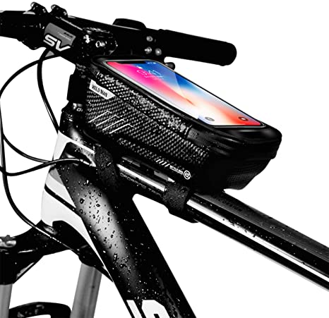 KT-GARY Bike Phone Mount Bag, Bicycle Front Frame Bag Waterproof Touch Screen Phone Case Holder Cycling Top Tube Frame Bag Storage Handlebar Bag for Phone Below 6.5 Inch