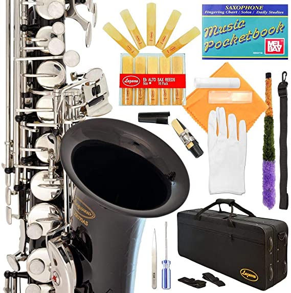 370-BK - Black/Silver Keys Eb E Flat Alto Saxophone Sax Lazarro 11 Reeds,Music Pocketbook,Case,Care Kit - 24 Colors with Silver or Gold Keys