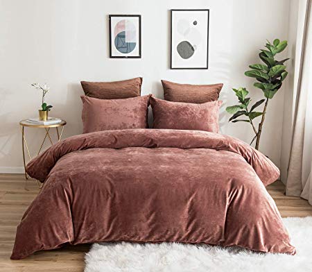 PHF Greek Velvet Duvet Cover Set 3 Pieces Heavyweight Warm Luxury Bedding Set King Size Burgundy with Corner Ties