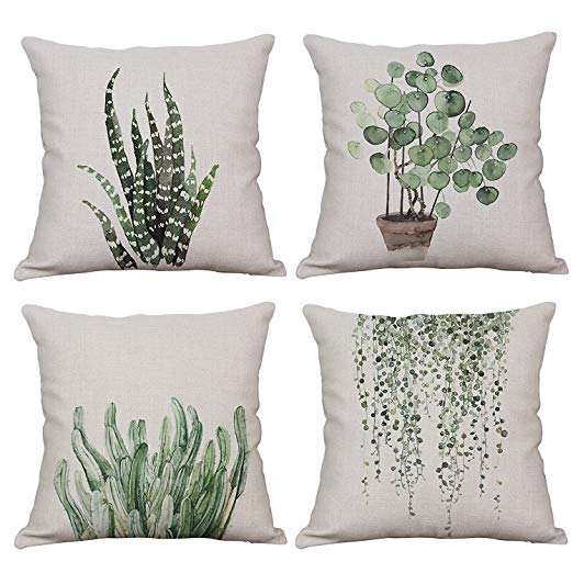 Acelive 18 x 18 Inches Set of 4 Green Plant Throw Pillow Covers Decorative Cotton Linen Square Outdoor Cushion Cover Home Office Indoor Decorative Square
