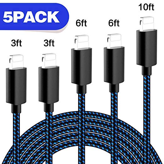 iPhone Charger, MFi Certified iPhone Cable 5 Pack [3/3/6/6/10FT] Extra Long Nylon Braided USB Charging&Syncing Cord Compatible with iPhone 7/7Plus/X/XS Max/XS/XR/8/8Plus/6S/6S Plus/SE [Black&Blue]