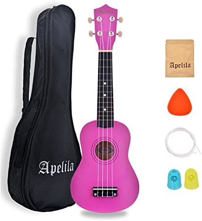 Apelila 21 inch Soprano Ukulele Hawaiian Acoustic Mini Guitar Musical Instrument with Bag, Pick, Strings, for Beginner, Kid, Starter, Amateur (Pink)
