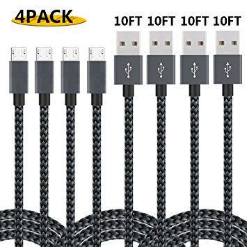 Micro USB Cable, Vinpie 4-Pack 10ft Premium Nylon Braided Micro USB Cable High Speed USB 2.0 A Male to Micro USB Sync and Charging Cables for Samsung, HTC, Motorola, Nokia, Android, and More