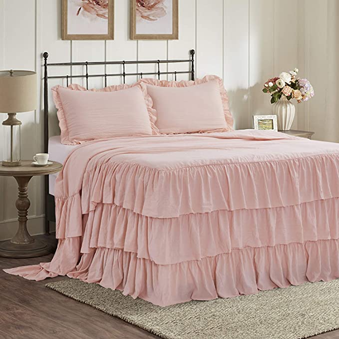 HIG 3 Piece Ruffle Skirt Bedspread Set - Peach Pink Color 30 inches Drop Ruffled Style Bed Skirt Coverlets Bedspreads Dust Ruffles - Echo Bedding Collections King Size - 1 Bedspread, 2 Standard Shams