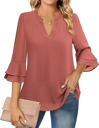 Lotusmile Womens Tops Dressy Casual 3/4 Tiered Bell Sleeve Blouses Double Layered Chiffon Work Tunic Shirts