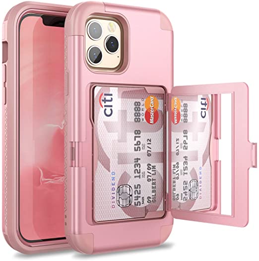 WeLoveCase for iPhone 12/ for iPhone 12 Pro Wallet Case with Credit Card Holder & Hidden Mirror, Defender Three Layer Shockproof Heavy Duty Cover for iPhone 12/ for 12 Pro 2020, 6.1 inch 5G Rose Gold