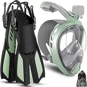 Odoland Snorkeling Packages for Adults & Youth, Full Face Snorkel Mask with Camera Mount, Adjustable Swim Fins, Mesh Bag, Anti-Fog Anti-Leak Scuba Diving Gear for Men & Women