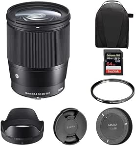 Sigma 16mm f/1.4 DC DN Contemporary Lens for Sony E | APS-C Format, Super Multi-Layer Coating, Weather-Sealed, Tiffen 67mm UV Protector Filter, 64GB Extreme PRO Memory Card, and Waith Camera Bag