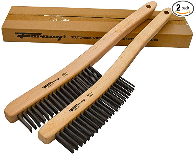 Forney 70504A 2-Pack Carbon Steel Wire Brush's with Curved Wood Handle, 13-3/4-Inch-by-.014-Inch, Assorted