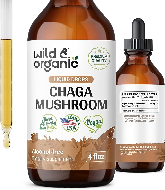 Chaga Mushroom Tincture - Organic Chaga Mushroom Liquid Drops - Chaga ExtractSupplement - Vegan-Friendly, No Sugar, Non-GMO Tincture - 4 fl. oz. Bottle