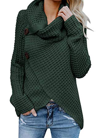 Shele Womens Turtleneck Sweater Warm Cable Knitted Loose Button Wrap Asymmetrical Pullover Tops