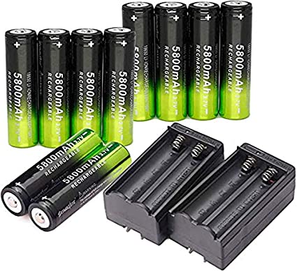 10 PCS of Green,Rechargeable,5800mAh 3.7V Li-ion,Button Top,18mm x 65 mm,Replacement for Flashlight Headlamp, With 2 PCS Dual Smart Battery Chargers,For 18650 Flashlight Headlamp