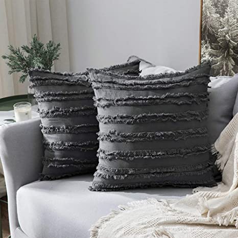 MIULEE Set of 2 Decorative Boho Throw Pillow Covers Cotton Linen Striped Jacquard Pattern Cushion Covers for Sofa Couch Living Room Bedroom 18x18 Inch Dark Grey