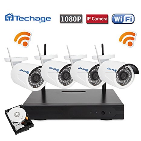 Techage Wifi Security System/ Wireless CCTV System Outdoor/ Indoor, 4CH 1080P 2.0MP Waterproof IP Camera, 65ft Night Vision, Plug & Play, 36 Led Lights Home Security Surveillance Kits With 1tb HDD