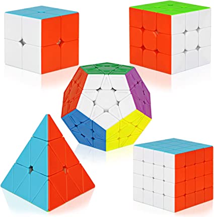 Speed Cube Set Magic Cube Bundle 5 Pack - 2x2x2 Pyramid 3x3x3 4x4x4 Megaminx Cubes Collection Puzzle Toy for Kids