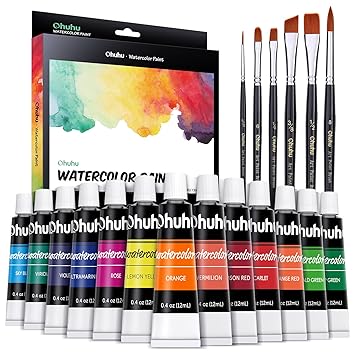 Ohuhu Watercolor Paint Tubes Watercolor Tubes 24 Color Watercolor Paints Watercolor Painting with 6 Brushes Watercolor Paint set for Landscape Portrait on Canvas 24 Color x 12ml, Black