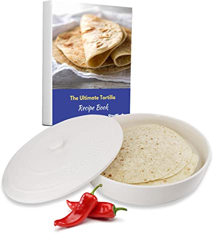 25.4cm Ceramic Tortilla Warmer by StarBlue with Free Recipes ebook - White, Insulated One Hour and Holds up to 24 Tortillas, Chapati, Roti, Microwavable, Oven Safe