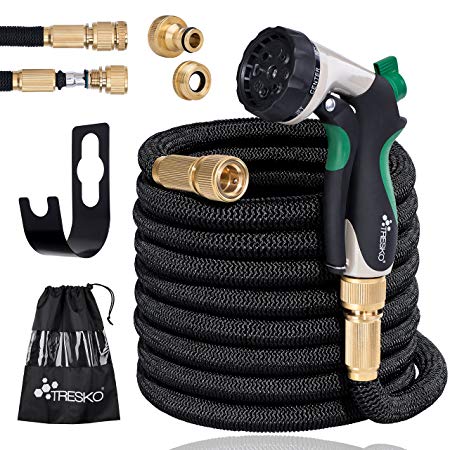 Expandable Garden Water Hose Pipe- 8-Pattern Spray Gun Anti-leakage with Brass Fittings, Triple Latex Core & Hose Hook/ Hanger, Magic-hose pipes by TRESKO (100FT)