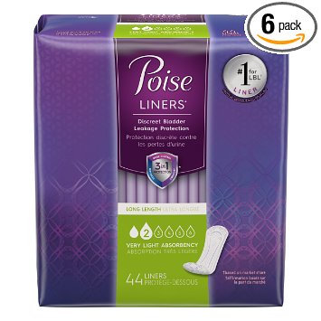 Poise Incontinence Panty Liners, Very Light Absorbency, Long, 44 Cont (Pack of 6)