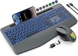 SABLUTE Wireless Keyboard and Mouse Combo, 7 Backlit Effects, Wrist Rest, Phone Holder, 2.4G Lag-free Ergonomic Keyboards, Rechargeable Silent Cordless Set for Computer, Laptop, PC, Mac, Windows, Gray