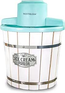 Nostalgia Electric Ice Cream Maker – Wood Bucket Parlor Style, Old Fashioned Soft Serve Ice Cream Machine Makes Frozen Yogurt or Gelato in Minutes - Fun Kitchen Appliance – White & Aqua - 4 Quart