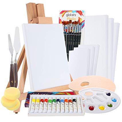 Complete Acrylic Paint Set by Glokers – 36 Piece Professional Painting Set – Includes Mini Easel, 6 Canvas, Paint Tray, Painting Knives, 10 Paintbrushes and More – Perfect Gift for Artists