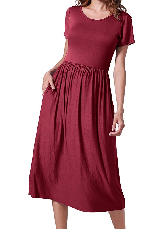 levaca Women's Plain Scoop Neck Pockets Pleated Loose Swing Casual Midi Dress