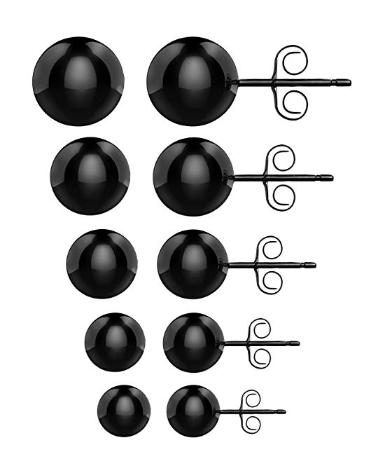 UHIBROS 316L Surgical Stainless Steel Round Ball Studs Earrings 5 Pair Set Assorted Sizes