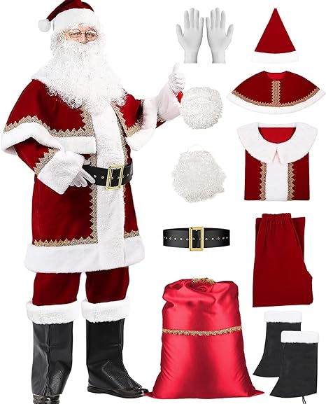PrettyFirst Santa Claus Costume for Men, Deluxe Velvet Santa Suit Adult Santa Costume Christmas Santa Outfit Set 11pcs