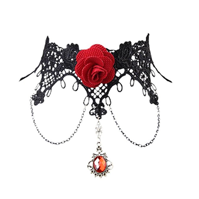 Yazilind Lace Gothic Lolita Sexy Rose Pendant Tassel Choker Necklace 11in