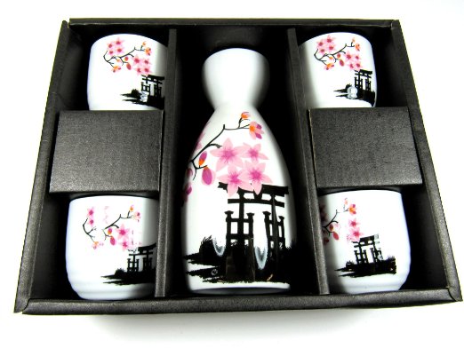OliaDesign 5 Piece Ceramic White and Red Blossom Japanese Sake Set, White