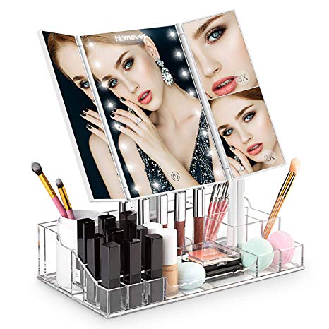 Homever Tri-fold Makeup Mirror, Acrylic Makeup Organizer Lighted Vanity Mirror with 21 LED Lights,1x/2x/3x Magnification, Touch Screen 180 Degree Rotation, Dual Power Supply Dimmable，Upgrade in 2018