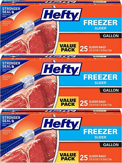 Hefty Slider Freezer Bags, Gallon, Value Pack, 25 Count (Pack of 3) 75 Bags Total