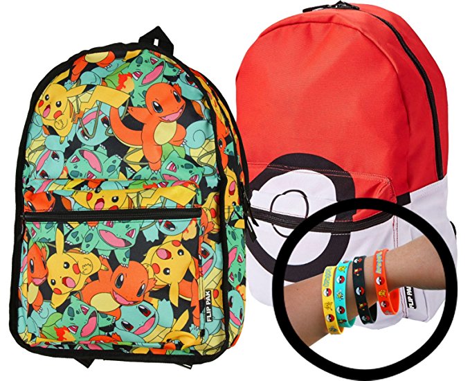 Pokemon Trainer 17 Large Backpack Bag Flip Pak with 4-Pack Toys Bracelets