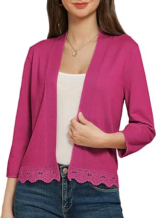 GRACE KARIN Women 3/4 Sleeve Cropped Cardigan Open Front V Neck Lace Lightweight Bolero Short Shrugs 2024