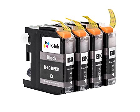 K-Ink Brother LC103 LC 103XL LC101 Compatible Black Ink Cartridge Replacements (4 Black)