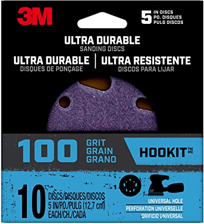 3M Ultra Durable 5 inch Power Sanding Discs, Universal Hole, 100 Grit, 10/Pack