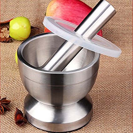 Mortar and Pestle Set with Cover Premium Double Solid Stainless Steel Grinder Bowl Home Kitchen Tool for Grinding Pills, Herbs ,Weed,Garlic