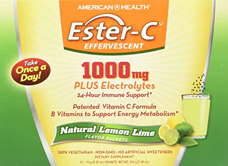 American Health Ester-C Effervescent Powder Packets, Natural Lemon Lime - 24-Hour Immune Support, Supports Energy Metabolism, with Electrolytes - 1000 mg, 21 Count, 21 Servings