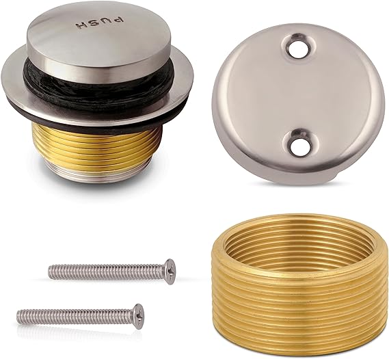 Tip-Toe Tub Trim Set with Two-Hole Overflow Faceplate, Replacement Bathtub Drain Kit, All Brass Drain Stopper with Universal Fine/Coarse Thread(TIp Toe, Brushed Nickel)