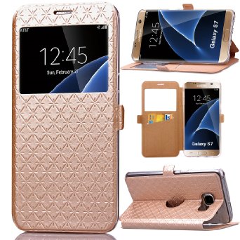 S7 Case, Galaxy S7 Case, ArtMine Quilted Plain Color Window View Function PU Leather Flip Folio Book Style Card Slots Kickstand Wallet Phone Case for Samsung Galaxy S7 Golden