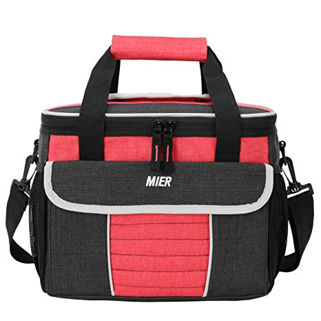 MIER Large Soft Cooler Bag Insulated Lunch Box Bag Picnic Cooler Tote with Dispensing Lid, Multiple Pockets, 24 Can(black and rose red)