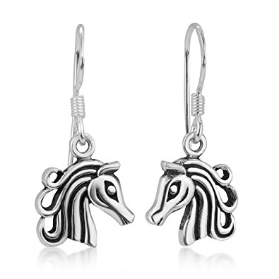 925 Oxidized Sterling Silver Open Filigree Detailed Horse Head Dangle Earrings 1.3"