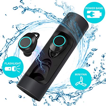 True Wireless Earbuds, TIAMAT Force Sports Wireless Bluetooth Headphones, Bluetooth 5.0 IPX6 7 Waterproof Power Bank Portable Fan USB Flashlight Long Lasting Earbuds for Samsung, Android Smartphone More(Black)