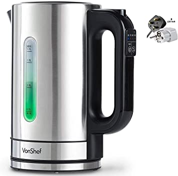 Vonshef 220 Volt Electric Kettle, Stainless Steel, Cordless, Variable Temperature Control, 5 Different Temperature Settings Bundle With Dynastar Plug Adapters | 220-240 Volt (NOT FOR USA)