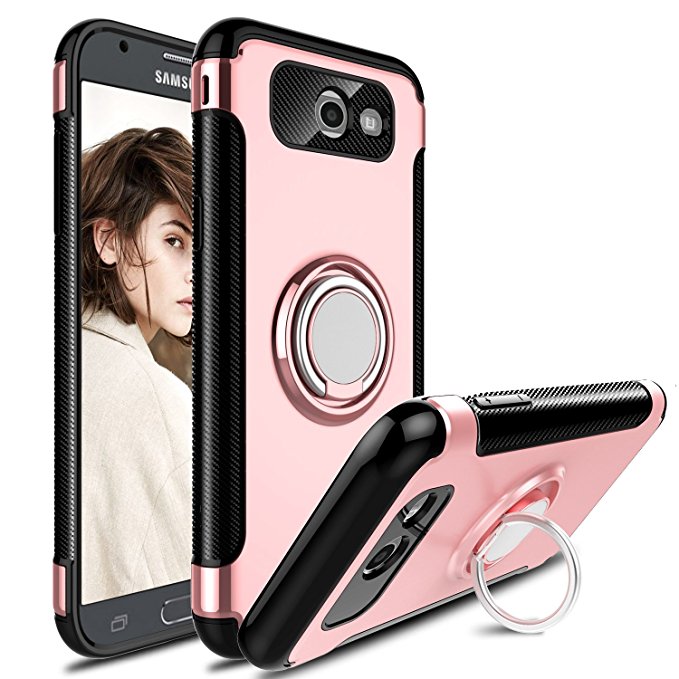 Galaxy J7 2017 Case, J7 Sky Pro Case, J7 Perx Case, Elegant Choise Hybrid Dual Layer 360 Degree Rotating Ring Kickstand Protective Case with Magnetic Case Cover for Samsung J7 2017 (Rose Gold)
